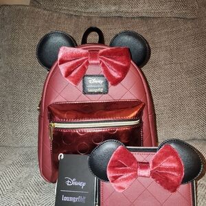Loungefly Disney Minnie Mouse Burgundy Velvet Bow Mini Backpack & Wallet SET